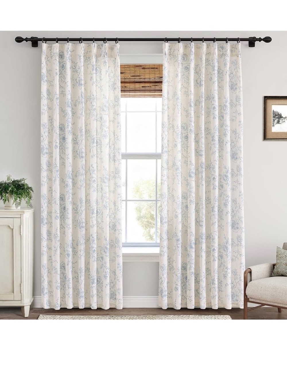 Drapery Panel Pair - Cream with Light Blue Floral Pattern